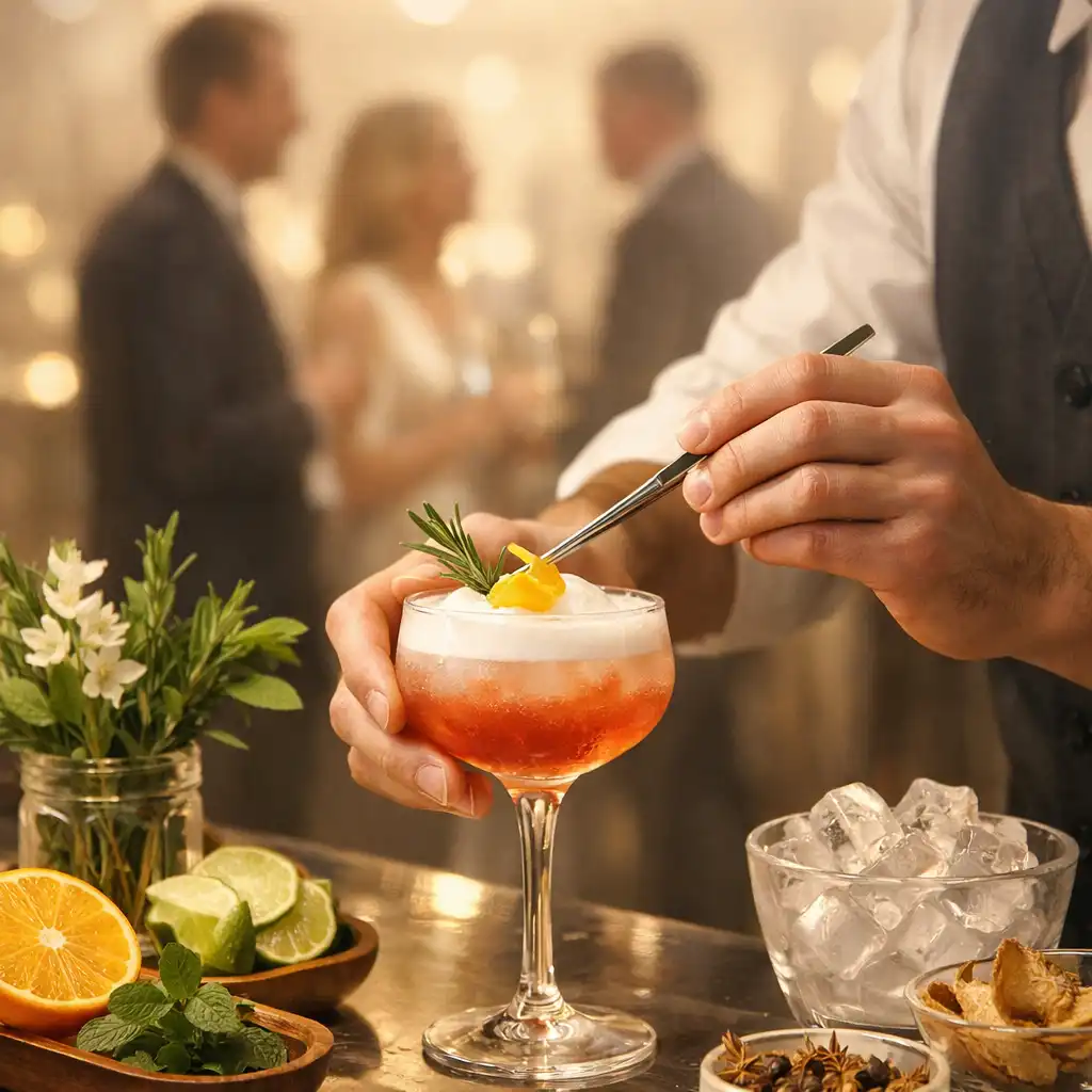 Barista przygotowujący bezalkoholowy koktajl z botanicals podczas wydarzenia sober luxury