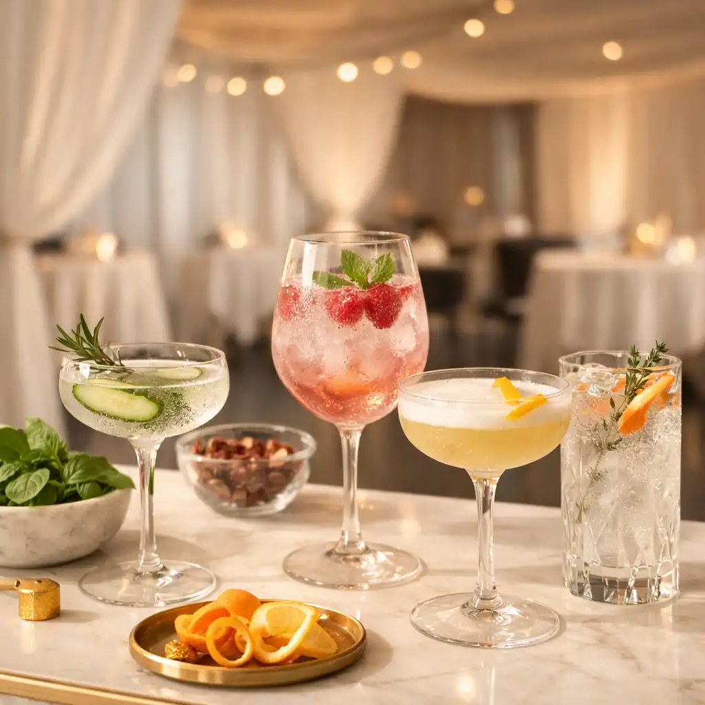 Autorski bar bezalkoholowy z eleganckimi szkłami i świeżymi botanicals podczas gali