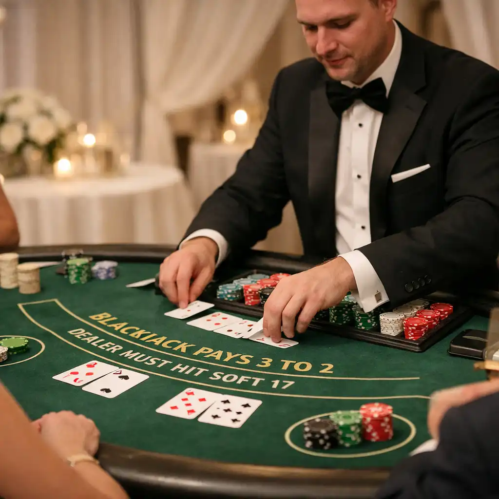Profesjonalny krupier przy autentycznym stole blackjacka podczas jasnej gali