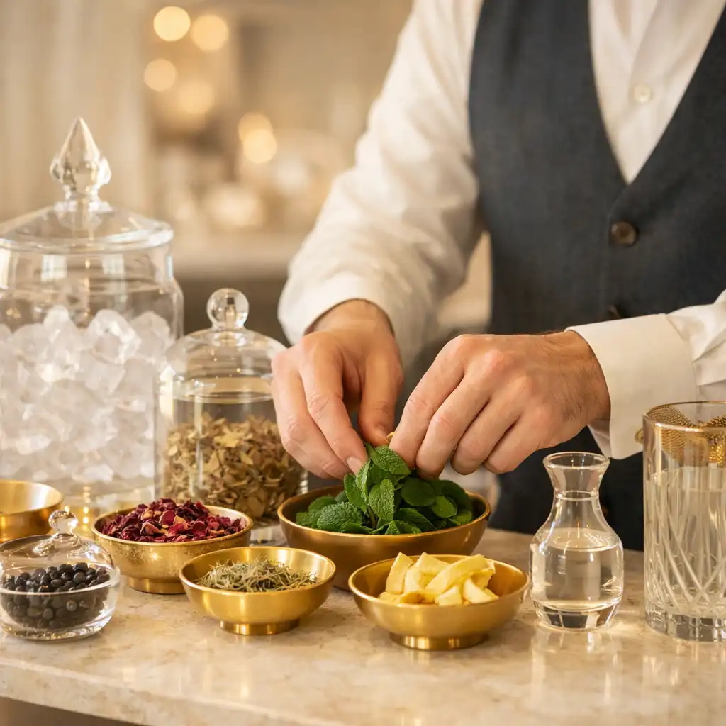 Dłonie przy bezalkoholowym barze z botanicznymi detalami i eleganckim szkłem