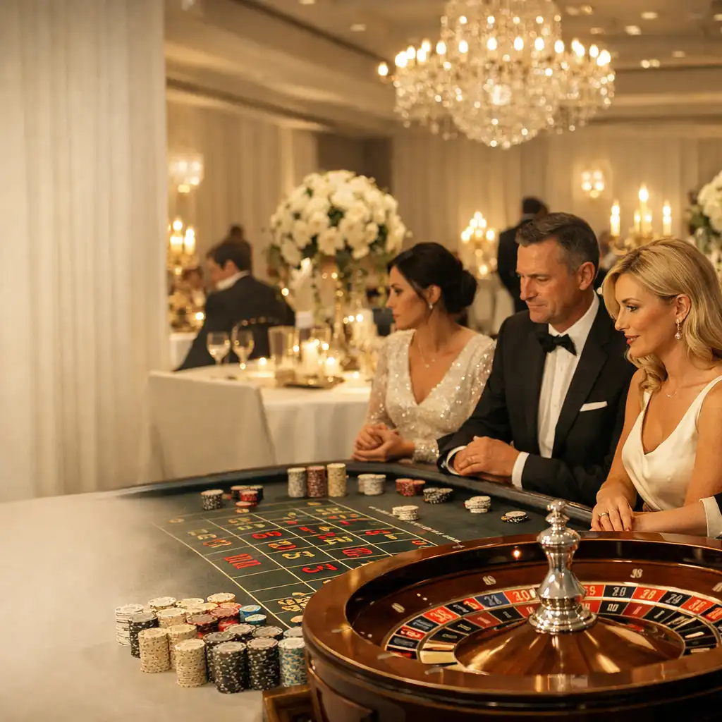 Jasny salon premium eventu z autentycznym stołem ruletki i elegancką scenografią