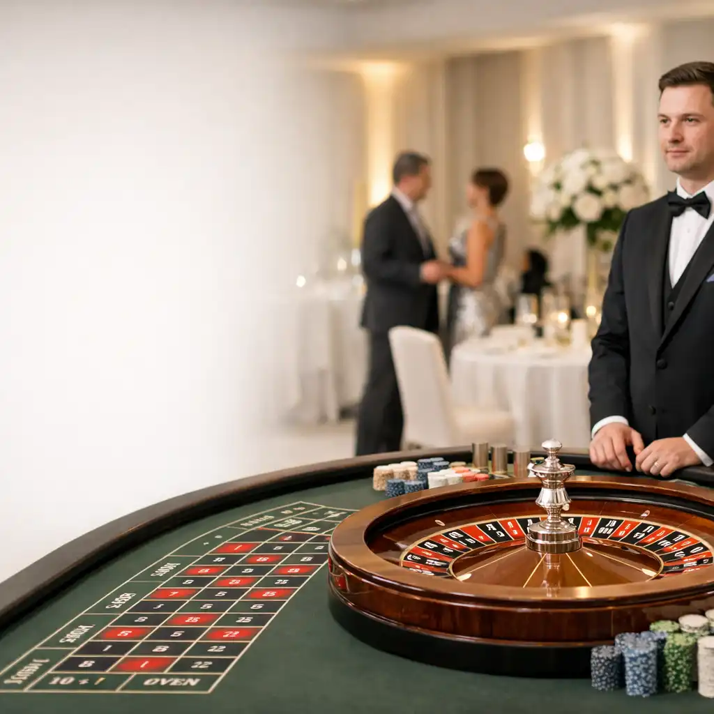 Jasny salon bankietowy z profesjonalnym krupierem przy stole ruletki podczas wydarzenia Gala Morix