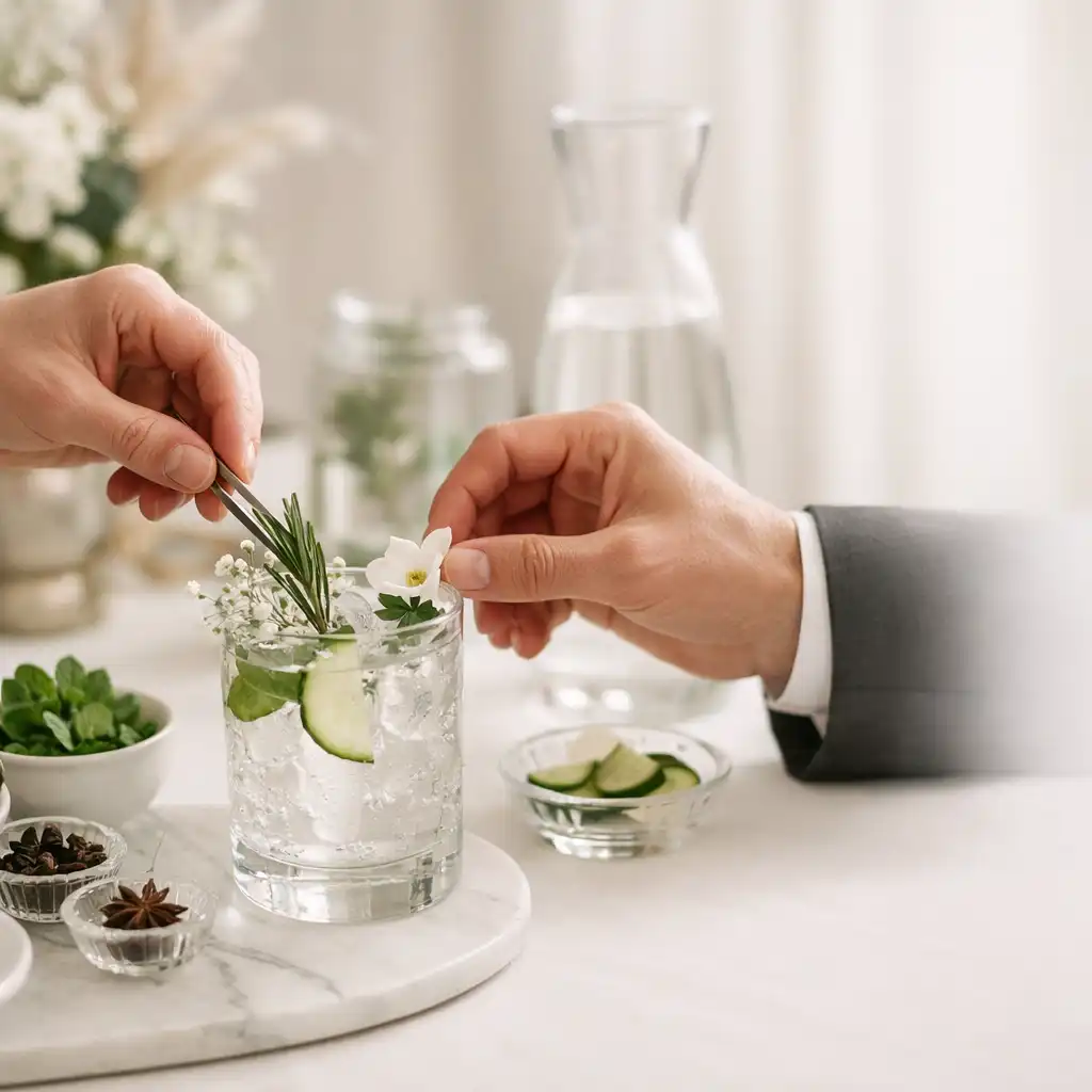 Dłonie obsługi przygotowujące bezalkoholowy serwis z botanicznymi detalami