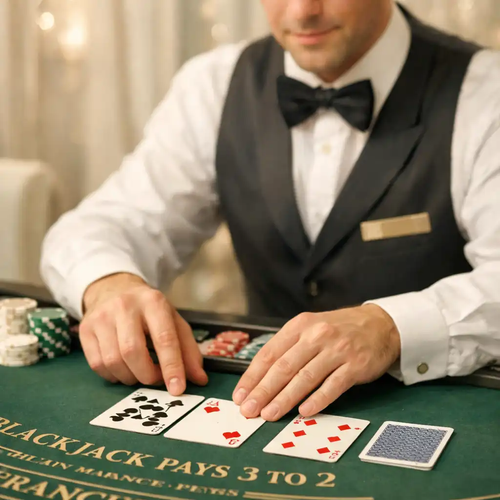Licencjonowany krupier układający karty przy profesjonalnym stole blackjacka