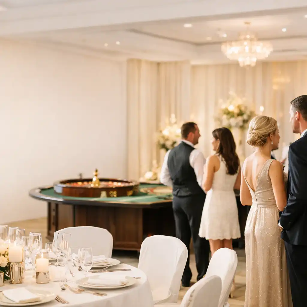 Jasny salon przygotowany na elegancką galę z dyskretną strefą kasynową