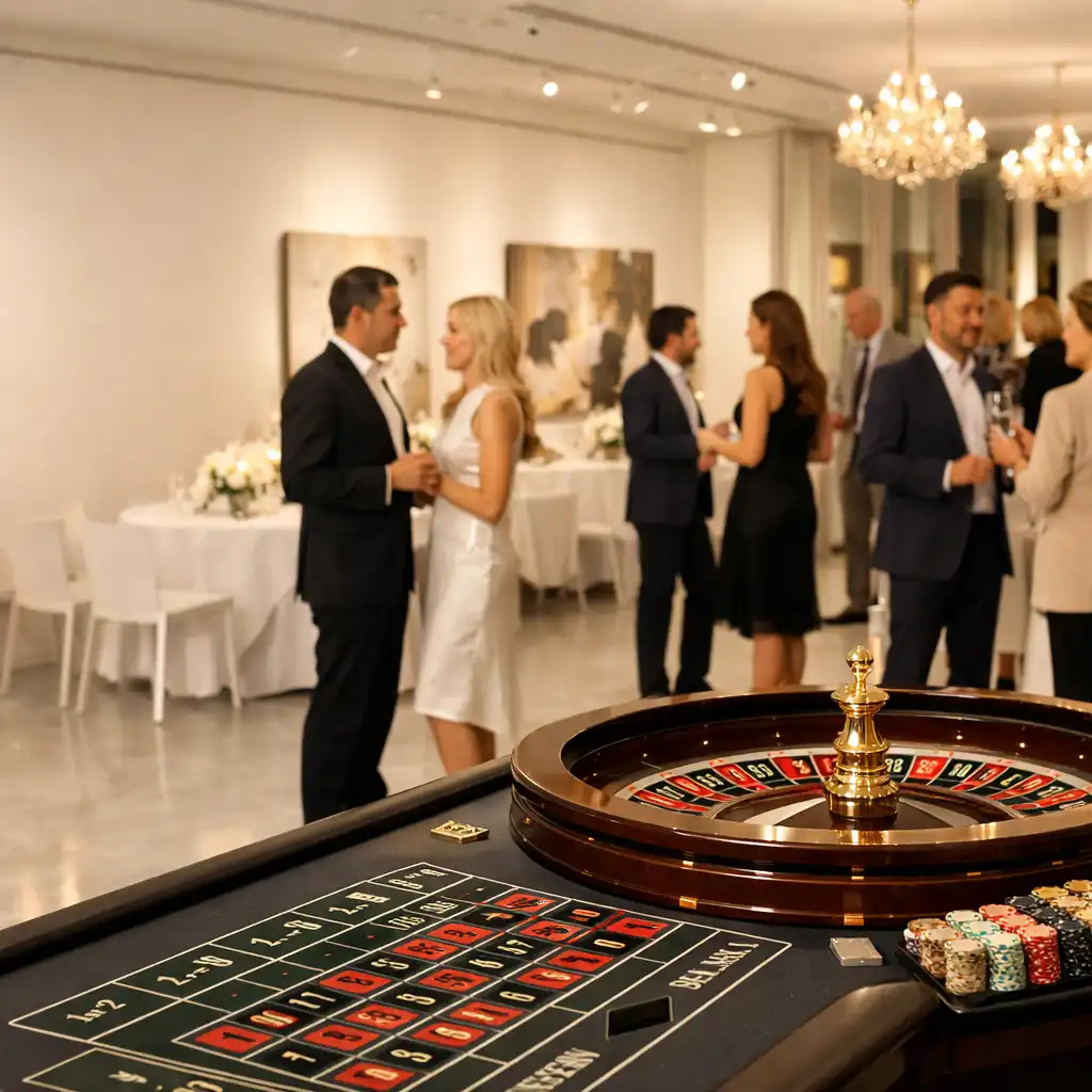 Jasny salon eventowy z pełnowymiarowym stołem ruletki i dorosłymi gośćmi