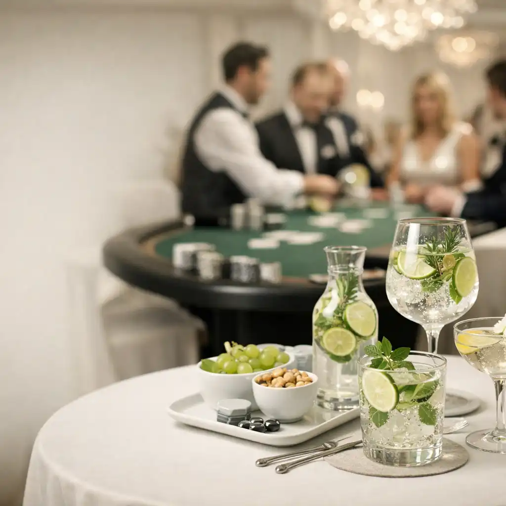 Jasne wnętrze eleganckiego wydarzenia z bezalkoholowym serwisem i stołem kasynowym w tle